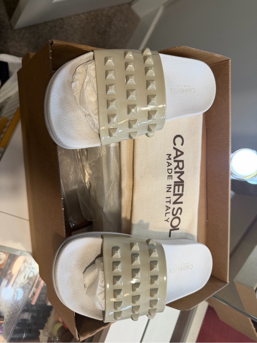 Carmen Sol Napa Studded Slide Sandals in Cream